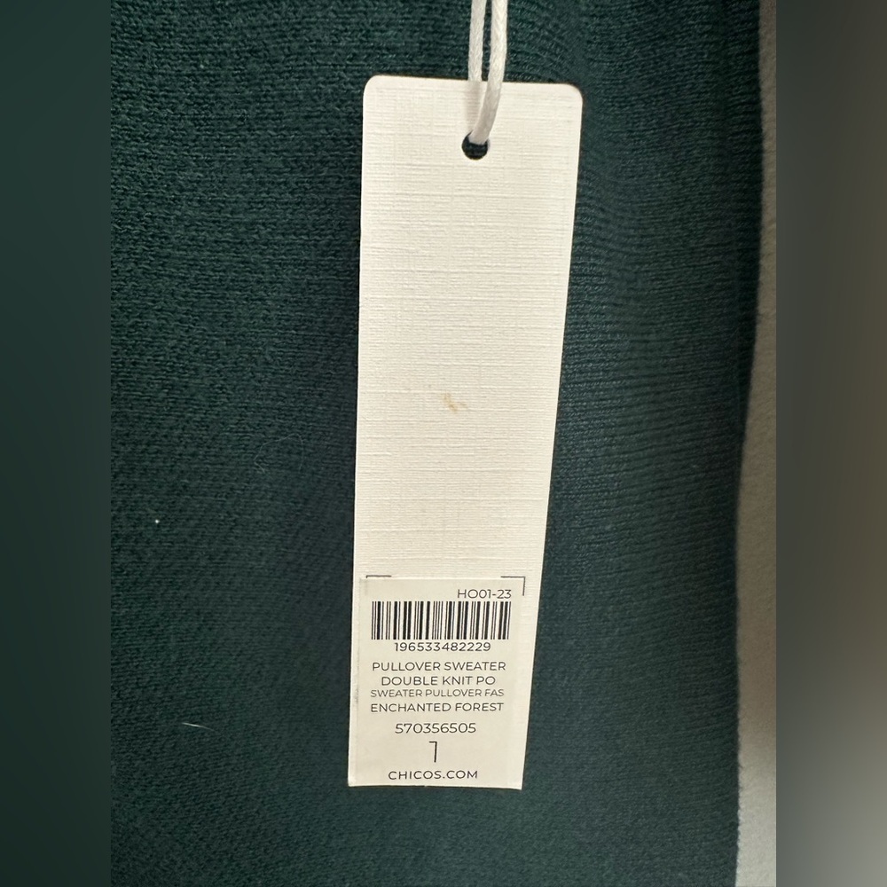 Chico’s Forest Green Pullover Sweater 3/4 Sleeve Scoop Neck Women’s Top 1 M NWT - Picture 3 of 6